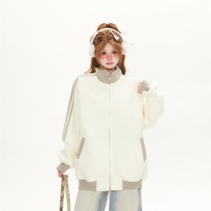 Retro Jersey-Style Zip-Up Stand Collar Jacket for Women - Spring 2025 Loose Baseball Sweatshirt Cardigan Trend