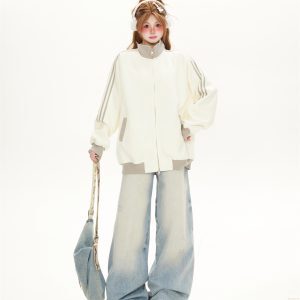 Retro Jersey-Style Zip-Up Stand Collar Jacket for Women - Spring 2025 Loose Baseball Sweatshirt Cardigan Trend
