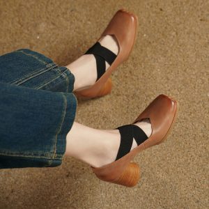 Retro Lace-Up Pig Nose Ballet Shoes for Women, Genuine Leather Square Toe Chunky High Heels Flats, Y2K Style