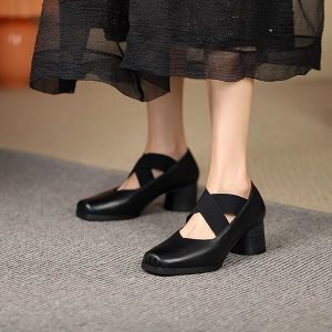 Retro Lace-Up Pig Nose Ballet Shoes for Women, Genuine Leather Square Toe Chunky High Heels Flats, Y2K Style