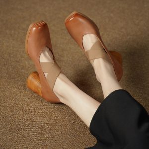 Retro Lace-Up Pig Nose Ballet Shoes for Women, Genuine Leather Square Toe Chunky High Heels Flats, Y2K Style