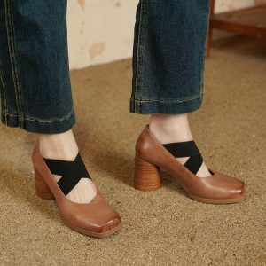 Retro Lace-Up Pig Nose Ballet Shoes for Women, Genuine Leather Square Toe Chunky High Heels Flats, Y2K Style