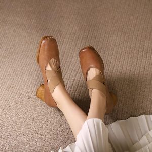 Retro Lace-Up Pig Nose Ballet Shoes for Women, Genuine Leather Square Toe Chunky High Heels Flats, Y2K Style