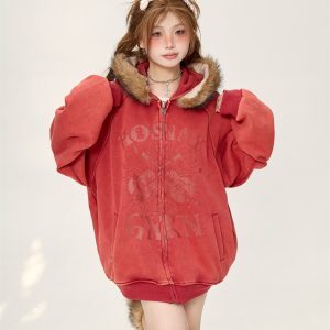 Retro Lazy Chic Loose Red Fur Collar Hooded Cardigan - 2025 Trendy American Style Jacket