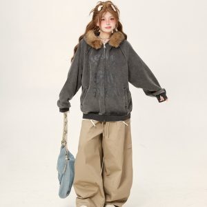 Retro Lazy Chic Loose Red Fur Collar Hooded Cardigan - 2025 Trendy American Style Jacket
