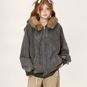 Retro Lazy Chic Loose Red Fur Collar Hooded Cardigan - 2025 Trendy American Style Jacket