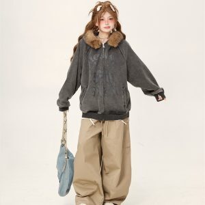 Retro Lazy Chic Loose Red Fur Collar Hooded Cardigan - 2025 Trendy American Style Jacket