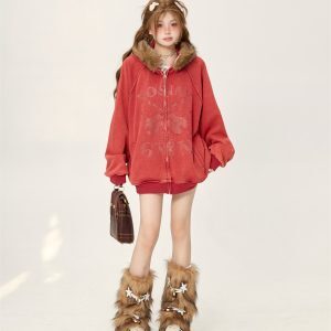 Retro Lazy Chic Loose Red Fur Collar Hooded Cardigan - 2025 Trendy American Style Jacket