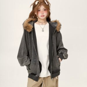 Retro Lazy Chic Loose Red Fur Collar Hooded Cardigan - 2025 Trendy American Style Jacket