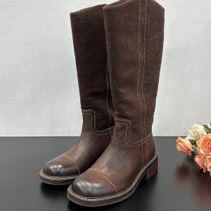 Retro Leather Long Boots for Women - 2024 Winter Fashion, Slimming Versatile Riding Boots with Thick Sole and Plush Design