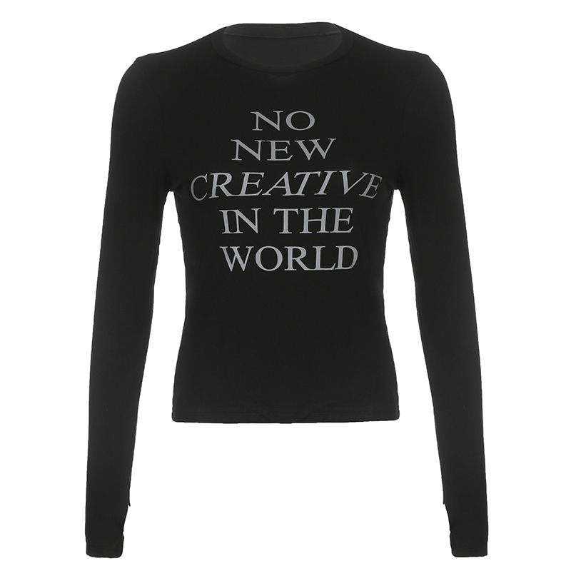 Retro Letter Print Round Neck Long Sleeve T-Shirt for Women - Versatile Casual Top for Autumn Winter - Y2K Korean Style