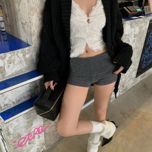 Retro Low-Waist Gray Velvet Knit Shorts for Women, Versatile Tight Stretch Casual Pants, Y2K Inspired Fashion