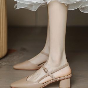 Retro Mary Jane Backless Chunky Heel Square Toe Sandals - Women's Mid-Heel Closed-Toe Summer Shoes in Nude