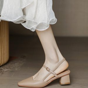 Retro Mary Jane Backless Chunky Heel Square Toe Sandals - Women's Mid-Heel Closed-Toe Summer Shoes in Nude