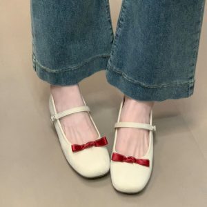 Retro Mary Jane Ballet Flats with Hidden Height, French Bow Detail, Cute Ocean One Style, Perfect for Skirts and Casual Wear