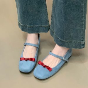 Retro Mary Jane Ballet Flats with Hidden Height, French Bow Detail, Cute Ocean One Style, Perfect for Skirts and Casual Wear