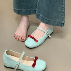 Retro Mary Jane Ballet Flats with Hidden Height, French Bow Detail, Cute Ocean One Style, Perfect for Skirts and Casual Wear