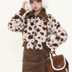 Retro Melange Brown Cow Print Spliced Short Cotton Jacket Women's Winter Warm Coat, Cozy Lamb Fleece, Y2K Fashion Style