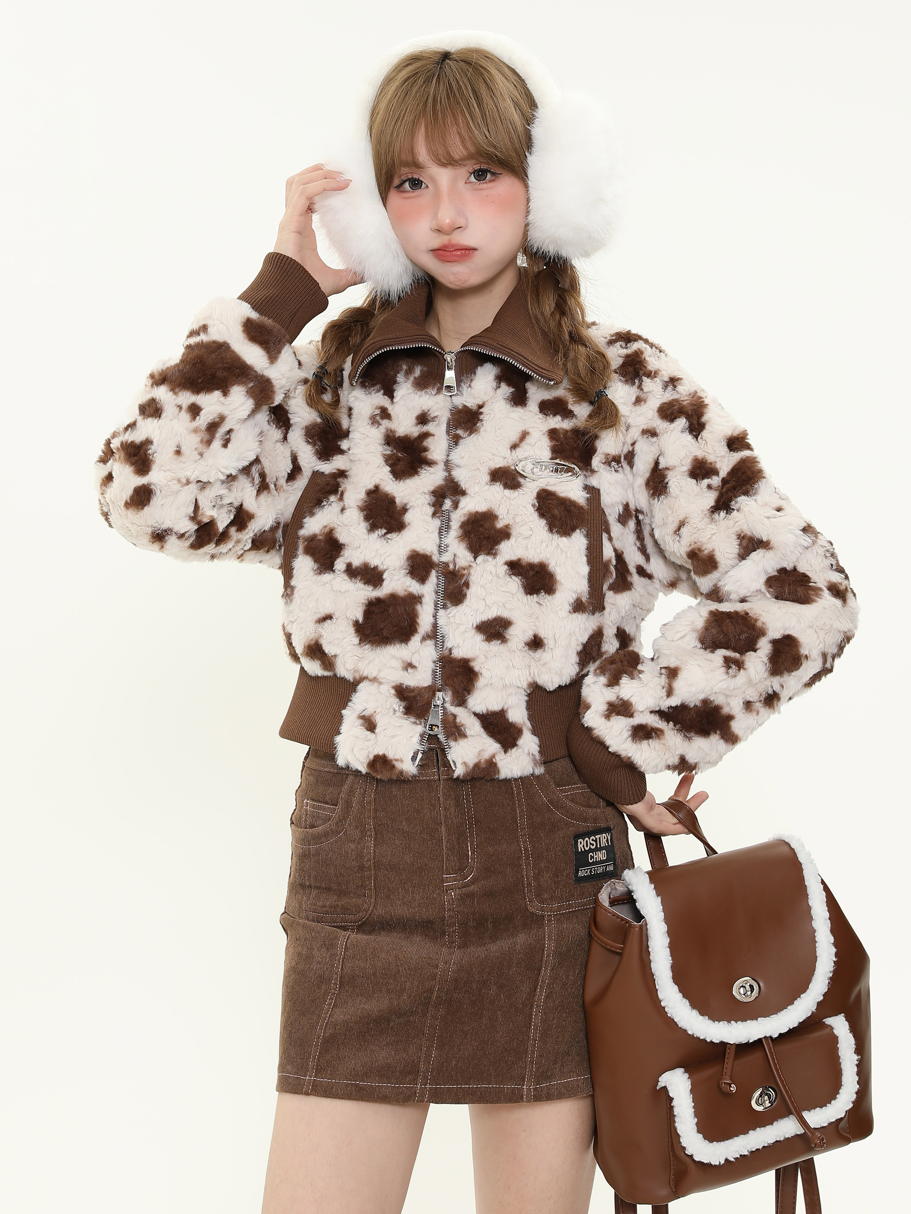 Retro Melange Brown Cow Print Spliced Short Cotton Jacket Women's Winter Warm Coat, Cozy Lamb Fleece, Y2K Fashion Style