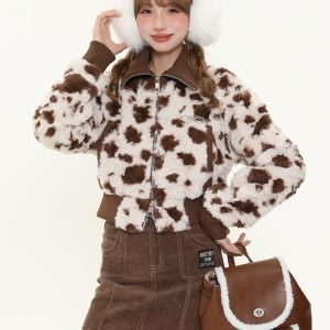 Retro Melange Brown Cow Print Spliced Short Cotton Jacket Women's Winter Warm Coat, Cozy Lamb Fleece, Y2K Fashion Style