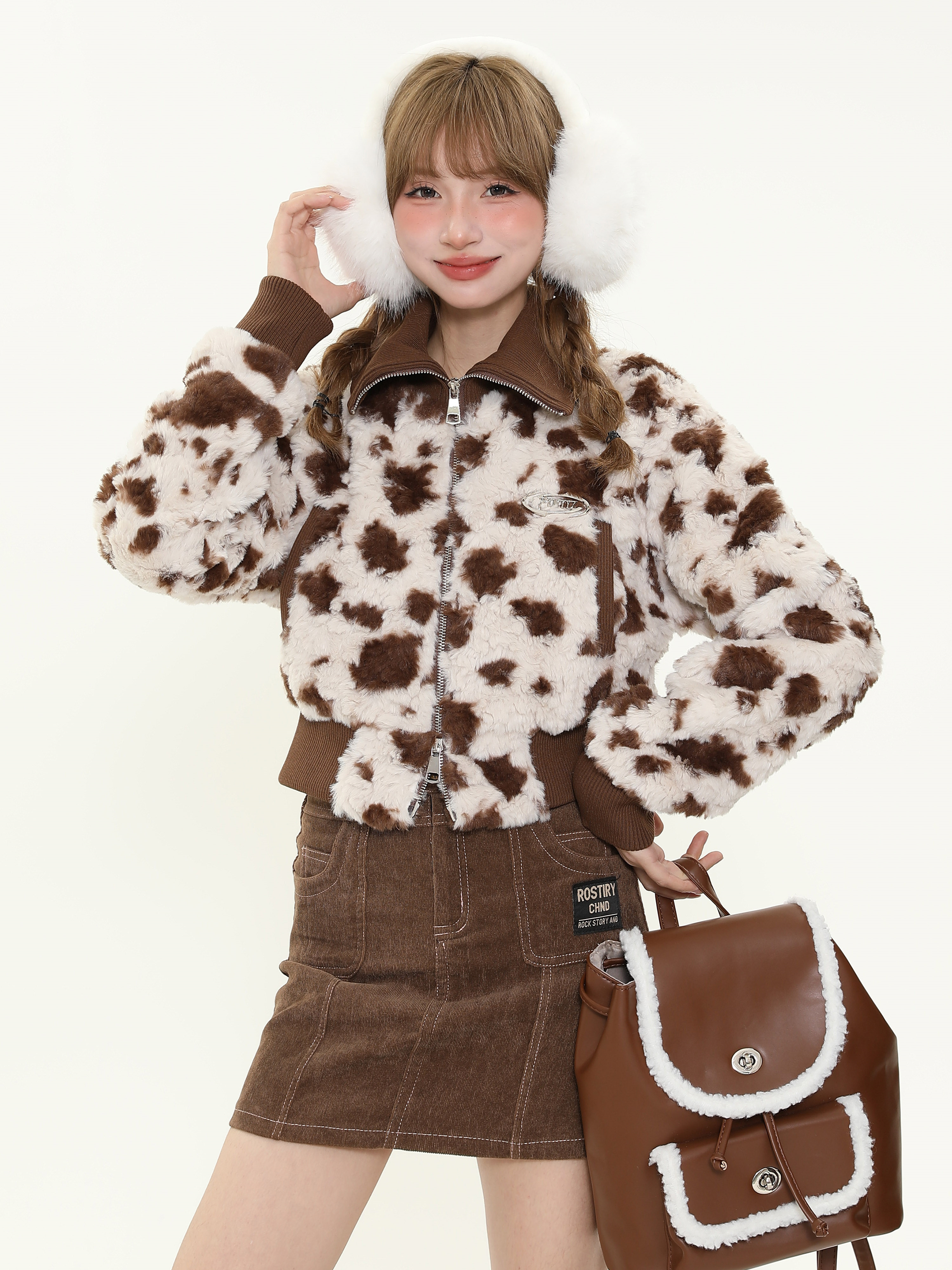 Retro Melange Brown Cow Print Spliced Short Cotton Jacket Women's Winter Warm Coat, Cozy Lamb Fleece, Y2K Fashion Style