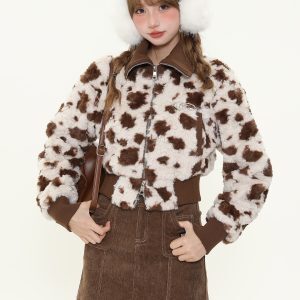 Retro Melange Brown Cow Print Spliced Short Cotton Jacket Women's Winter Warm Coat, Cozy Lamb Fleece, Y2K Fashion Style