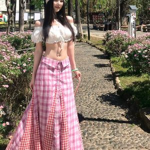Retro Mid-Low Waist Plaid Spliced Checkered Skirt & White Embroidered Short Top Two-Piece Set - American Style Spicy Girl Fashion