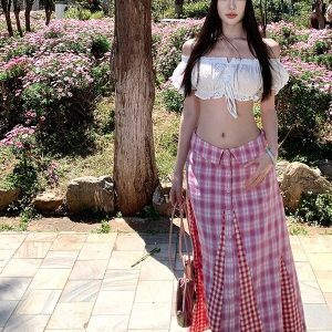 Retro Mid-Low Waist Plaid Spliced Checkered Skirt & White Embroidered Short Top Two-Piece Set - American Style Spicy Girl Fashion