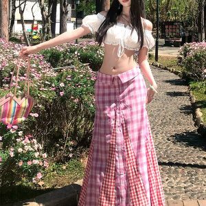 Retro Mid-Low Waist Plaid Spliced Checkered Skirt & White Embroidered Short Top Two-Piece Set - American Style Spicy Girl Fashion