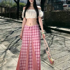 Retro Mid-Low Waist Plaid Spliced Checkered Skirt & White Embroidered Short Top Two-Piece Set - American Style Spicy Girl Fashion
