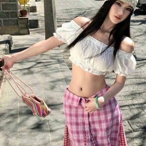 Retro Mid-Low Waist Plaid Spliced Checkered Skirt & White Embroidered Short Top Two-Piece Set - American Style Spicy Girl Fashion