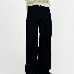 Retro Minimalist Wide-Leg Dark Denim Pants for Men - Loose Floor-Length Straight-Leg Versatile Trousers, Y2K Style