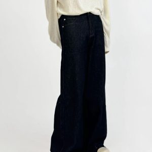 Retro Minimalist Wide-Leg Dark Denim Pants for Men - Loose Floor-Length Straight-Leg Versatile Trousers, Y2K Style