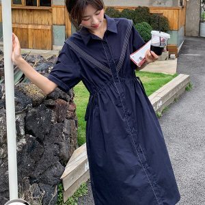 Retro Navy Collar Waist-Defining Mid-Length Dress for Women, Summer 2025 French Chic Style