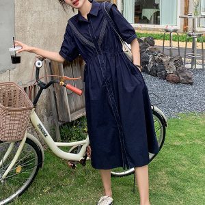 Retro Navy Collar Waist-Defining Mid-Length Dress for Women, Summer 2025 French Chic Style