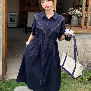 Retro Navy Collar Waist-Defining Mid-Length Dress for Women, Summer 2025 French Chic Style
