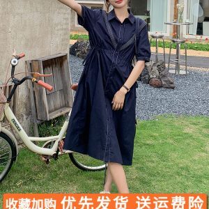 Retro Navy Collar Waist-Defining Mid-Length Dress for Women, Summer 2025 French Chic Style