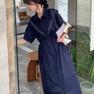 Retro Navy Collar Waist-Defining Mid-Length Dress for Women, Summer 2025 French Chic Style