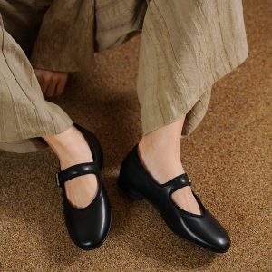 Retro One-Strap Mary Jane Flats for Women - Genuine Leather Sheepskin, Shallow Mouth, Square Toe, Vintage Style