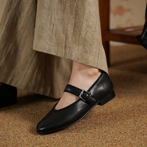 Retro One-Strap Mary Jane Flats for Women - Genuine Leather Sheepskin, Shallow Mouth, Square Toe, Vintage Style