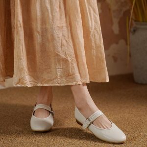 Retro One-Strap Mary Jane Flats for Women - Genuine Leather Sheepskin, Shallow Mouth, Square Toe, Vintage Style