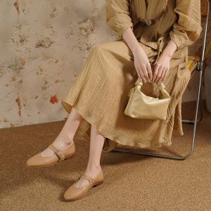 Retro One-Strap Mary Jane Flats for Women - Genuine Leather Sheepskin, Shallow Mouth, Square Toe, Vintage Style