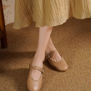 Retro One-Strap Mary Jane Flats for Women - Genuine Leather Sheepskin, Shallow Mouth, Square Toe, Vintage Style