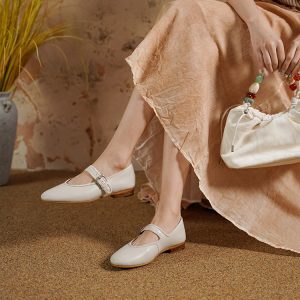 Retro One-Strap Mary Jane Flats for Women - Genuine Leather Sheepskin, Shallow Mouth, Square Toe, Vintage Style