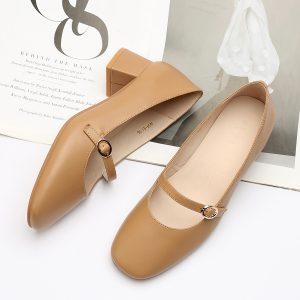 Retro One-Word Buckle Mary Jane Shoes for Women - Genuine Leather Flat Shoes with Square Toe and Shallow Mouth Design
