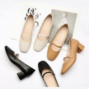 Retro One-Word Buckle Mary Jane Shoes for Women - Genuine Leather Flat Shoes with Square Toe and Shallow Mouth Design