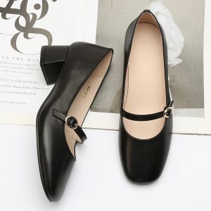 Retro One-Word Buckle Mary Jane Shoes for Women - Genuine Leather Flat Shoes with Square Toe and Shallow Mouth Design