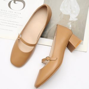 Retro One-Word Buckle Mary Jane Shoes for Women - Genuine Leather Flat Shoes with Square Toe and Shallow Mouth Design
