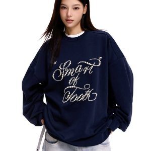 Retro Oversized Pearl Inlaid Round Neck Sweatshirt for Men and Women - American Style Long Sleeve Couple Top Trend