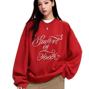Retro Oversized Pearl Inlaid Round Neck Sweatshirt for Men and Women - American Style Long Sleeve Couple Top Trend